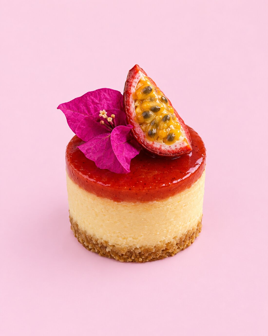 Runder Mini-Cheesecake mit roter Erdbeerglasur, Maracuja und Blüte