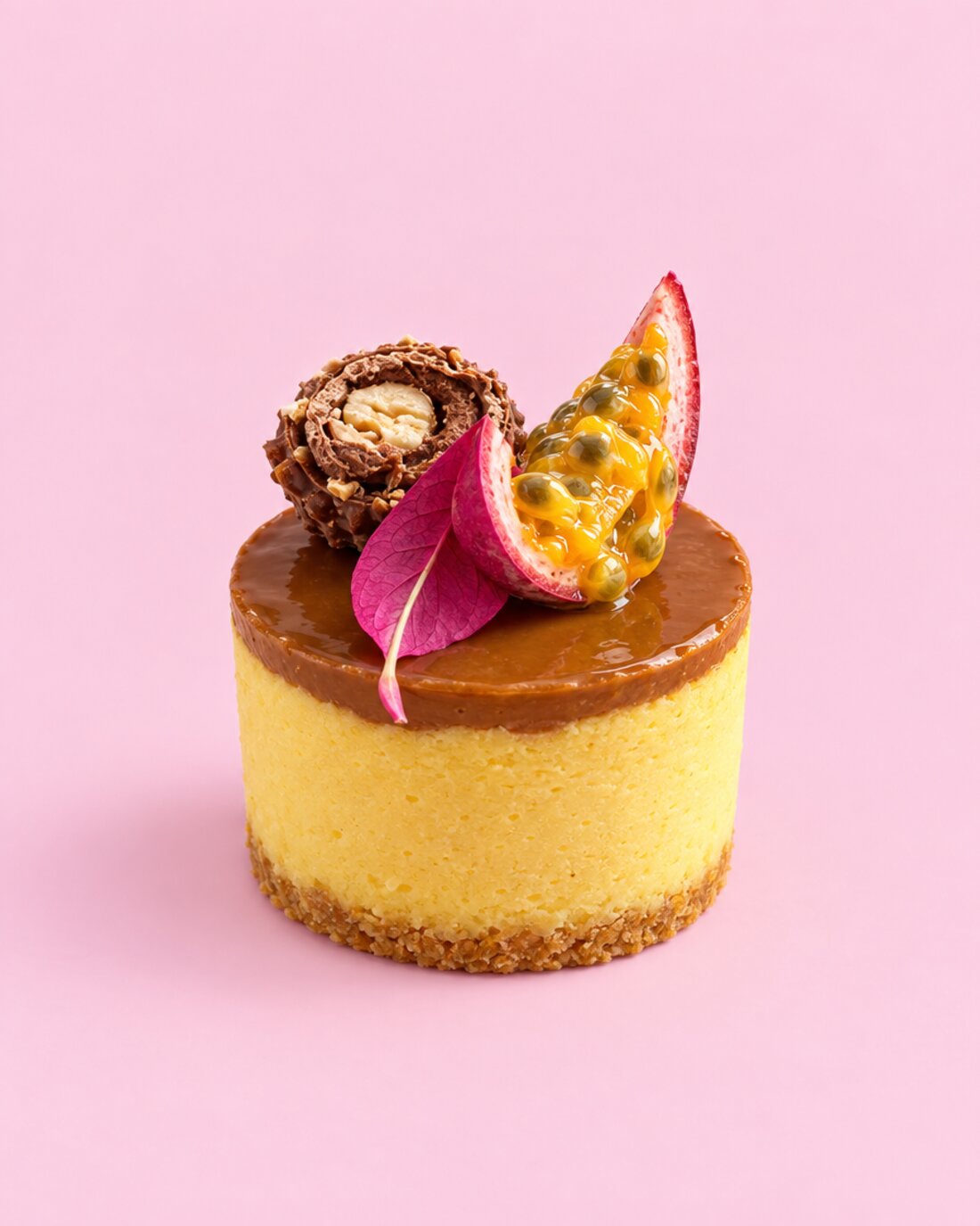 Runder Mini-Cheesecake mit Karamellglasur, Haselnuss-Röllchen und Maracuja