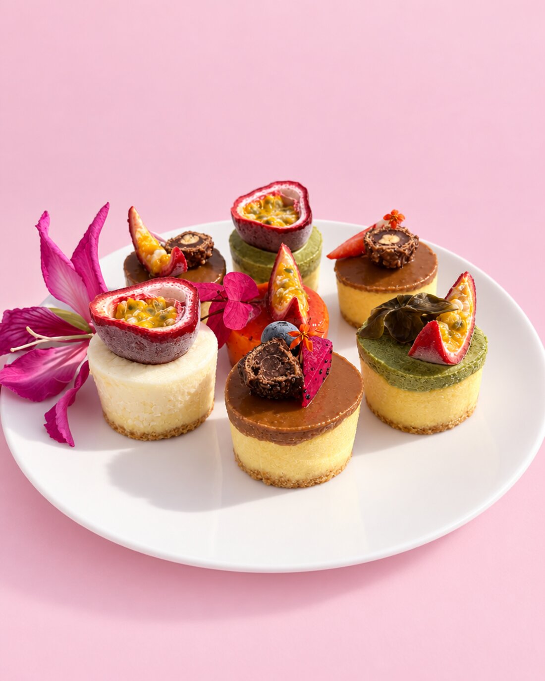 Teller mit sieben runden Mini-Cheesecakes